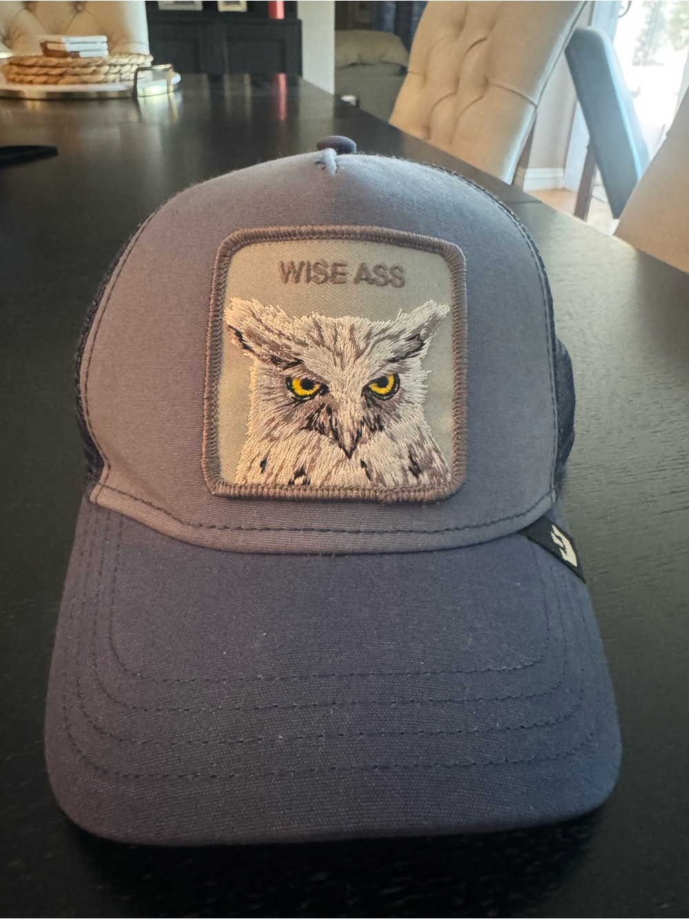 Grey Trucker Hat with Owl 'WISE ASS' Patch